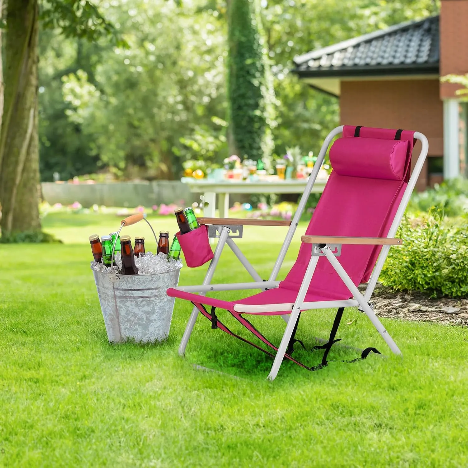 Bonnlo Foldable Backpack Carry Camping Chair with Cup Holder, Portable 4-Position Reclining Heavy-Duty Supports 265 lbs (120 kg) for Beach Lawn Concert Fishing Stylish Barbie Pink
