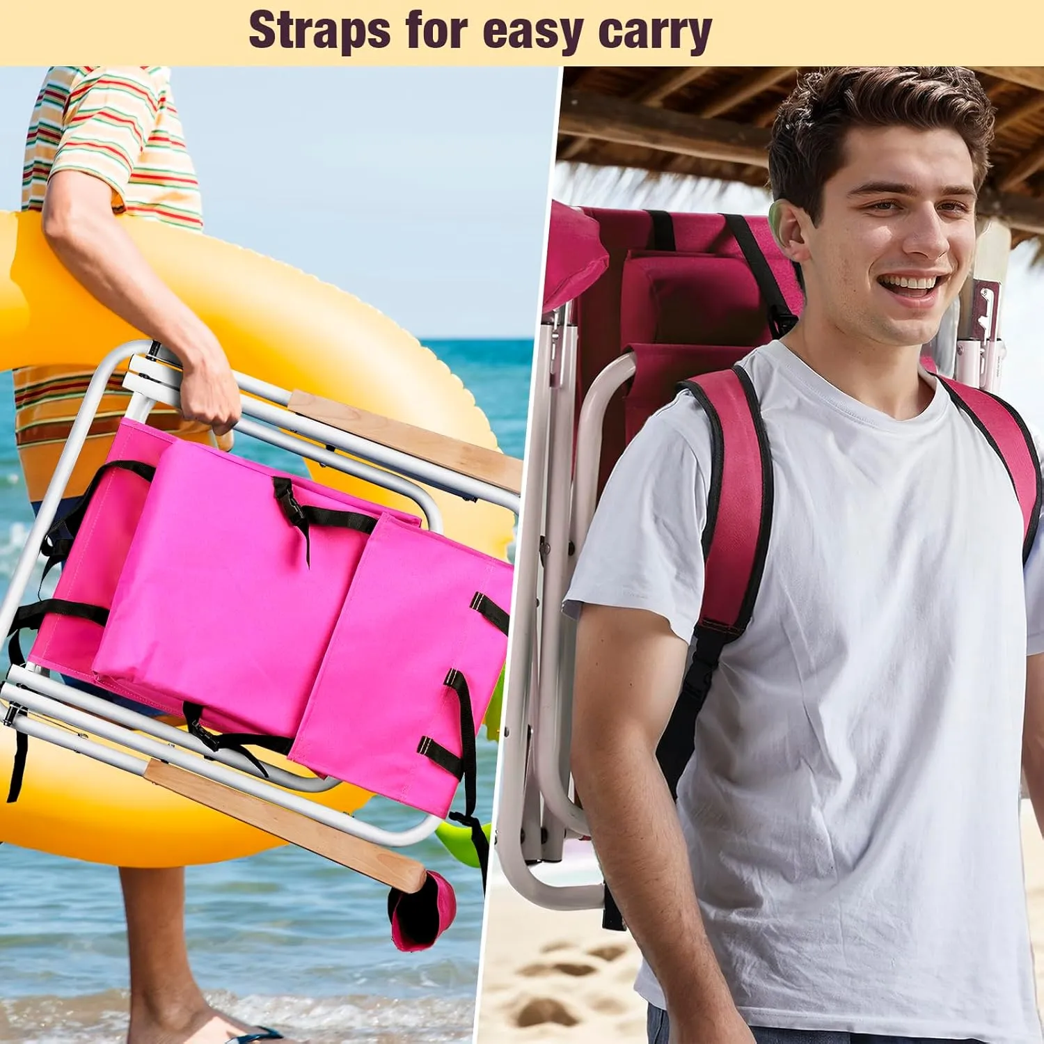 Bonnlo Foldable Backpack Carry Camping Chair with Cup Holder, Portable 4-Position Reclining Heavy-Duty Supports 265 lbs (120 kg) for Beach Lawn Concert Fishing Stylish Barbie Pink