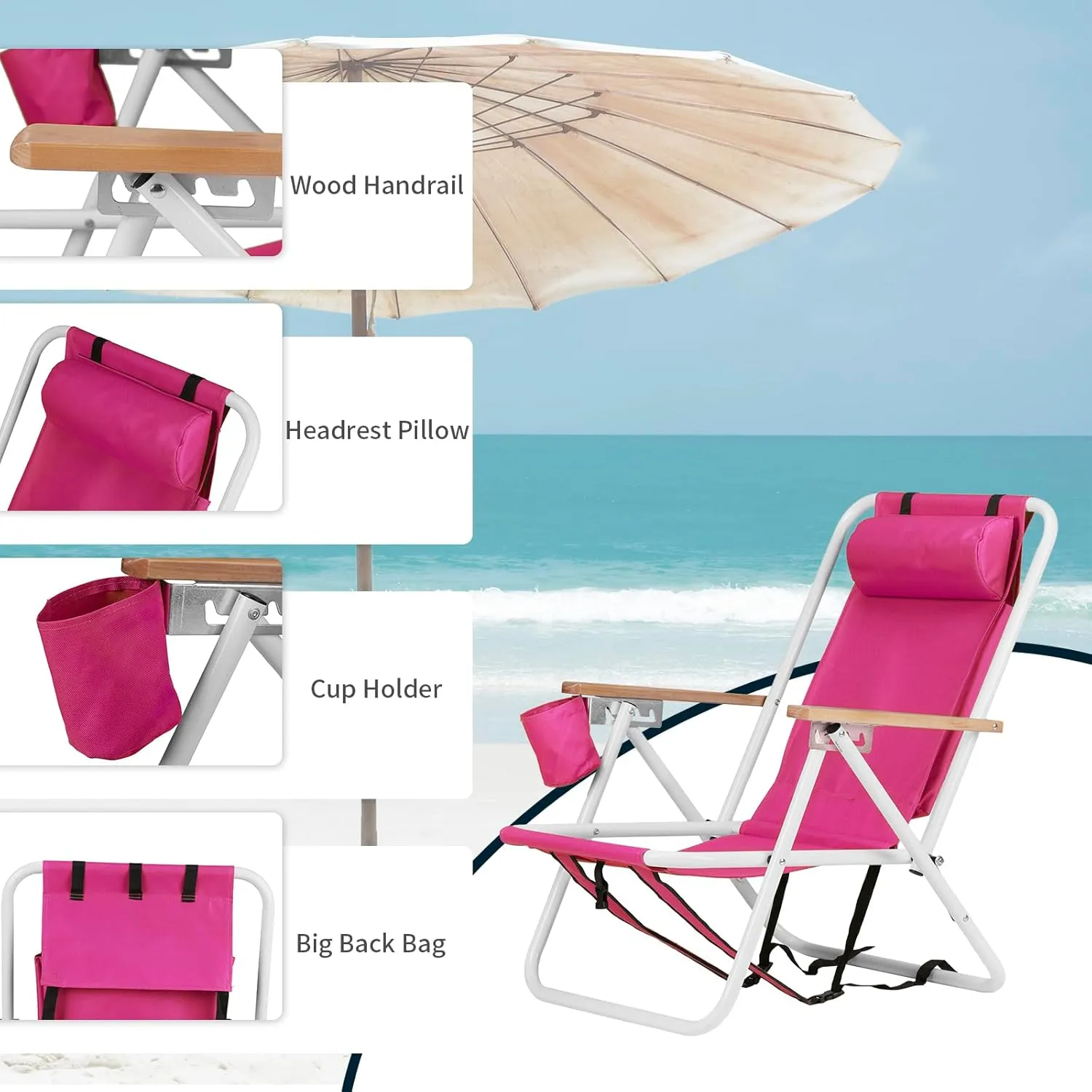 Bonnlo Foldable Backpack Carry Camping Chair with Cup Holder, Portable 4-Position Reclining Heavy-Duty Supports 265 lbs (120 kg) for Beach Lawn Concert Fishing Stylish Barbie Pink