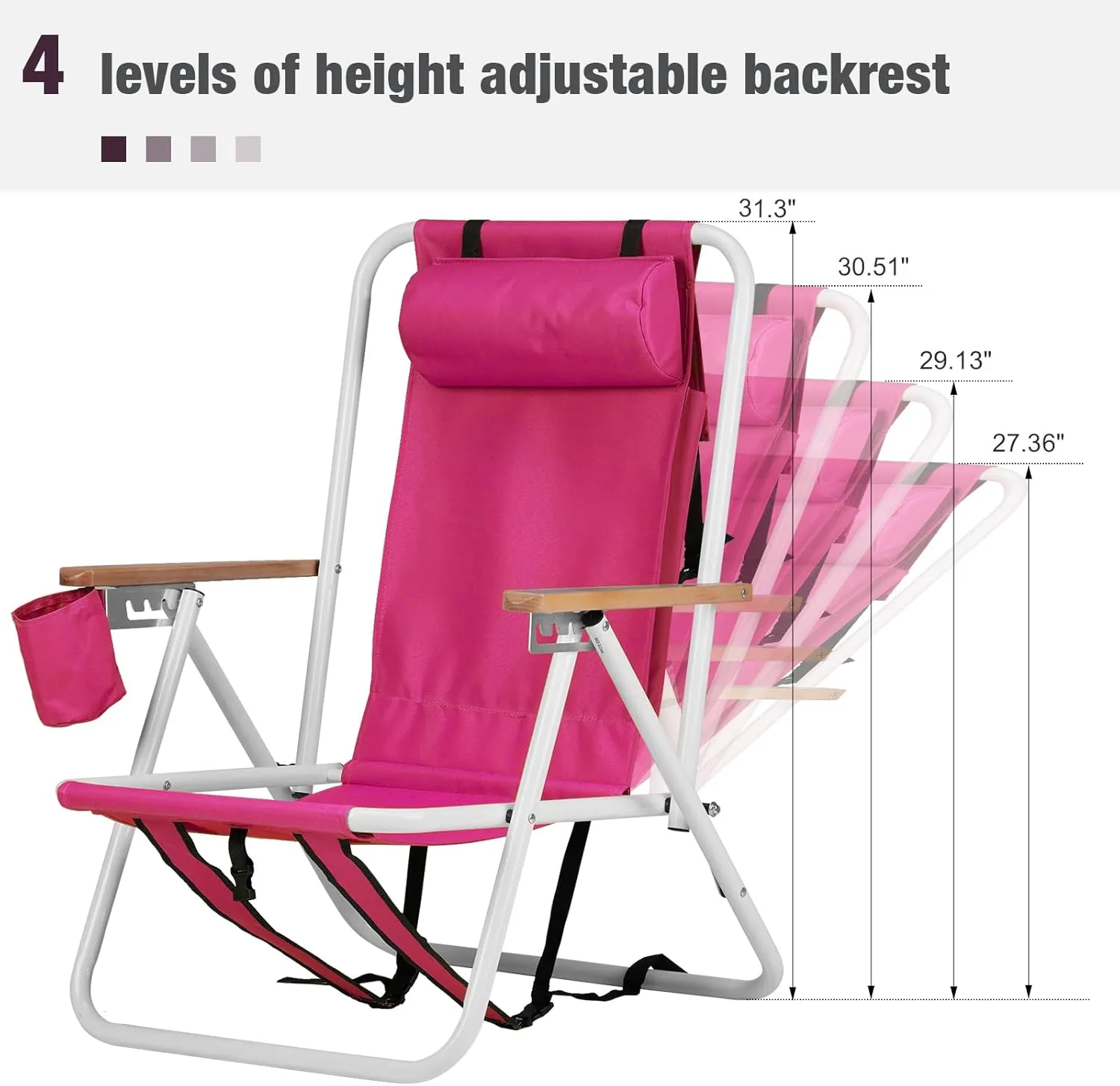Bonnlo Foldable Backpack Carry Camping Chair with Cup Holder, Portable 4-Position Reclining Heavy-Duty Supports 265 lbs (120 kg) for Beach Lawn Concert Fishing Stylish Barbie Pink