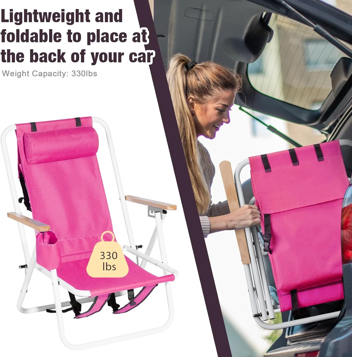 Bonnlo Foldable Backpack Carry Camping Chair with Cup Holder, Portable 4-Position Reclining Heavy-Duty Supports 265 lbs (120 kg) for Beach Lawn Concert Fishing Stylish Barbie Pink
