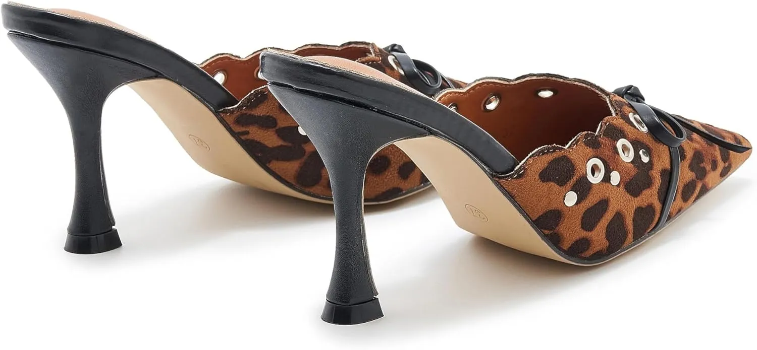 Bow Tie Heeled Mules for Women Pointy Studs Kitten Heels Dress Pumps Backless Stilettos Heels