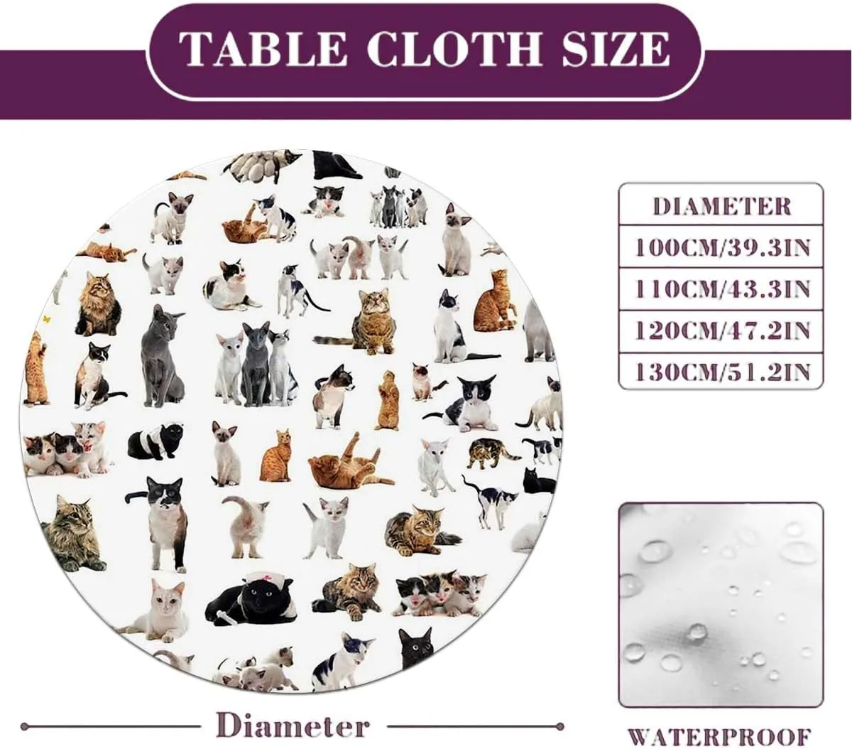 Brown Black White Round Fitted Table Cloth Cover Elastic ​Edged Cartoon Animals Composite Picture Table Cloth Round Elastic Edge Fitted Table Cover Fit for 36"-39" Diameter Table Dog Lover