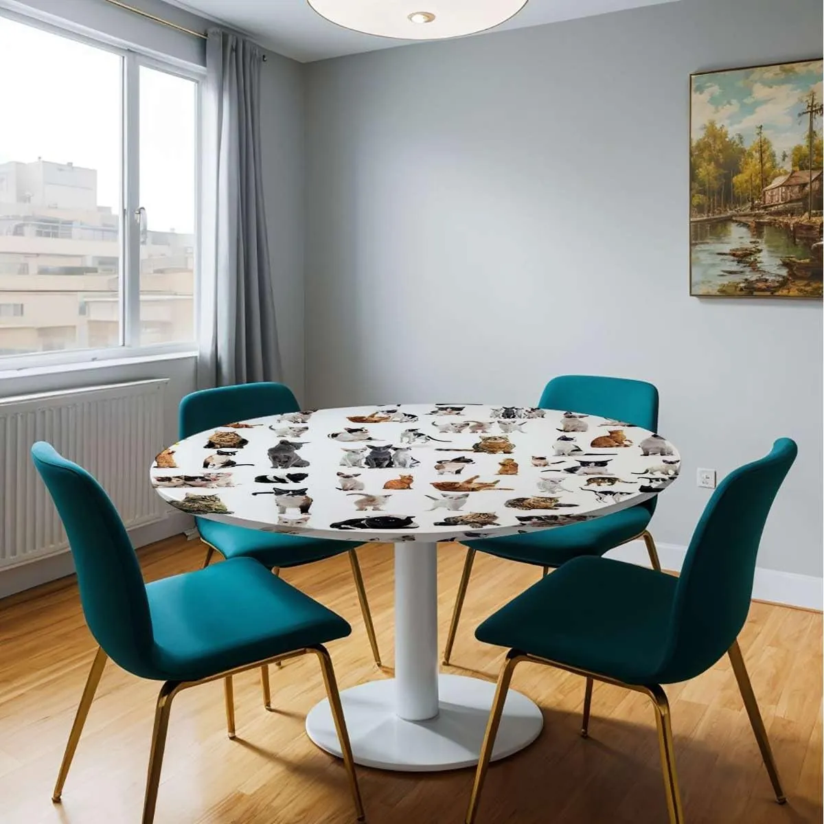 Brown Black White Round Fitted Table Cloth Cover Elastic ​Edged Cartoon Animals Composite Picture Table Cloth Round Elastic Edge Fitted Table Cover Fit for 36"-39" Diameter Table Dog Lover