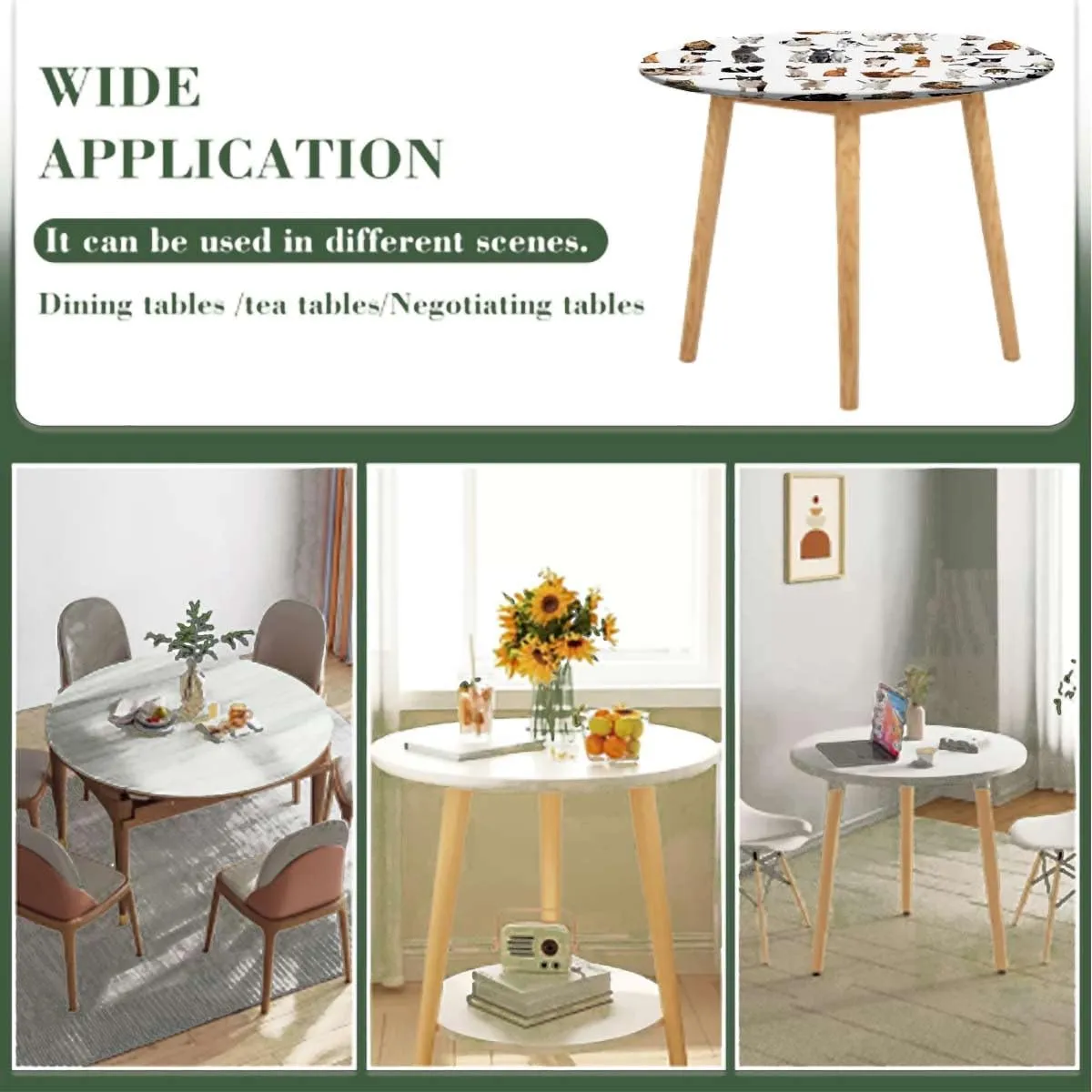 Brown Black White Round Fitted Table Cloth Cover Elastic ​Edged Cartoon Animals Composite Picture Table Cloth Round Elastic Edge Fitted Table Cover Fit for 36"-39" Diameter Table Dog Lover