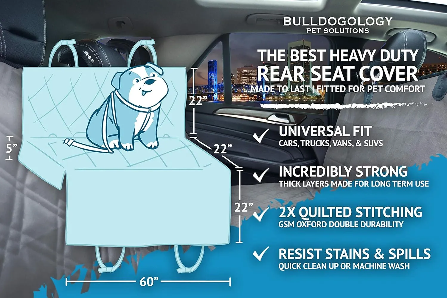 Bulldogology Dog Car Seat Cover Waterproof Heavy Duty Bench Dog Hammock Backseat Protector from Hair, Muddy Paws, Scratches - Pet Car Seat Cover for Cars Trucks SUVs (X-Large, Grey)