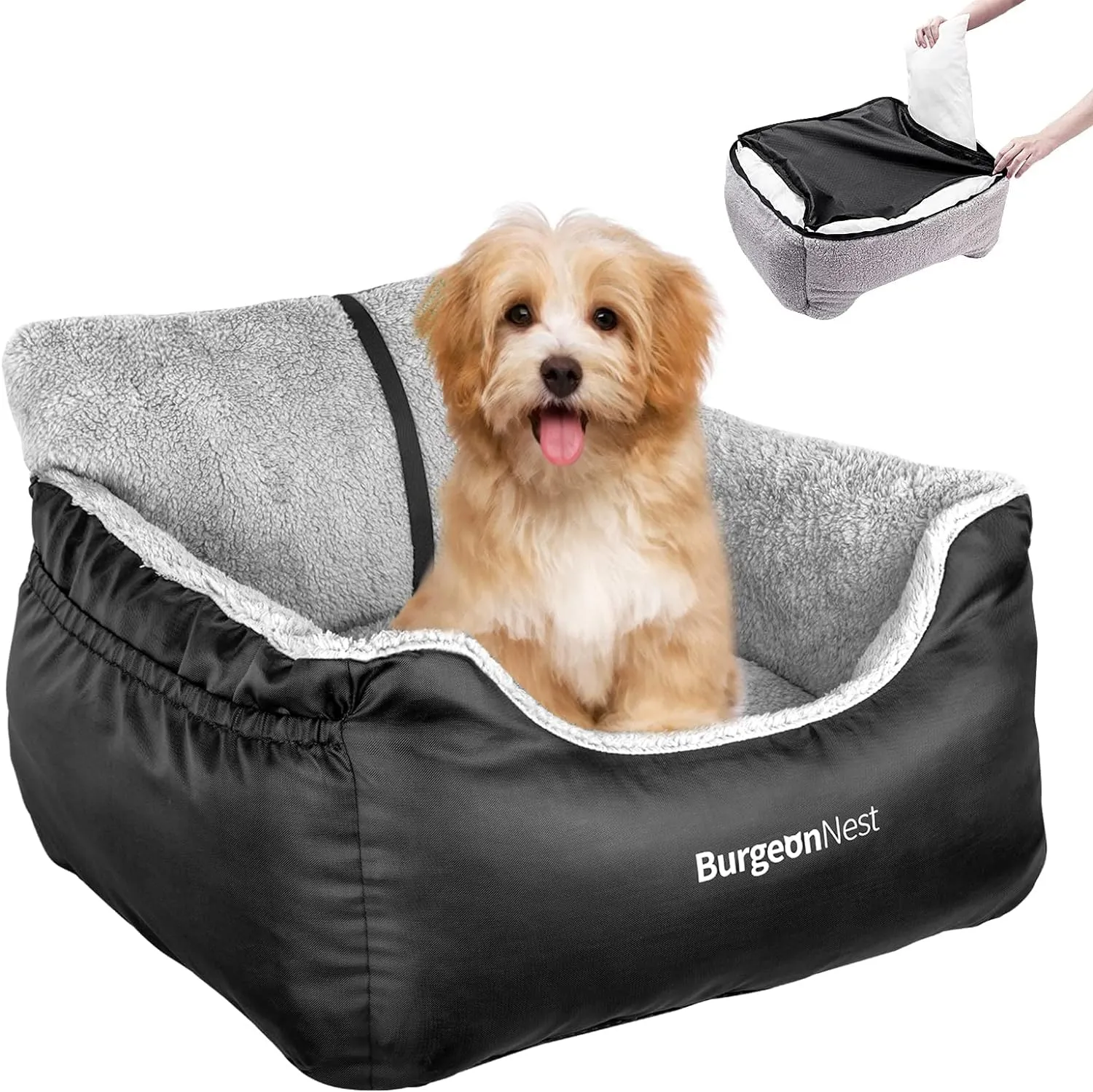 BurgeonNest Dog Car Seat for Small Dogs, Fully Detachable and Washable Cat Carseats Under 25 lbs, Soft Pet Booster Seats with Storage Pockets and Clip-On Leash Portable Car Travel Carrier Bed, Black