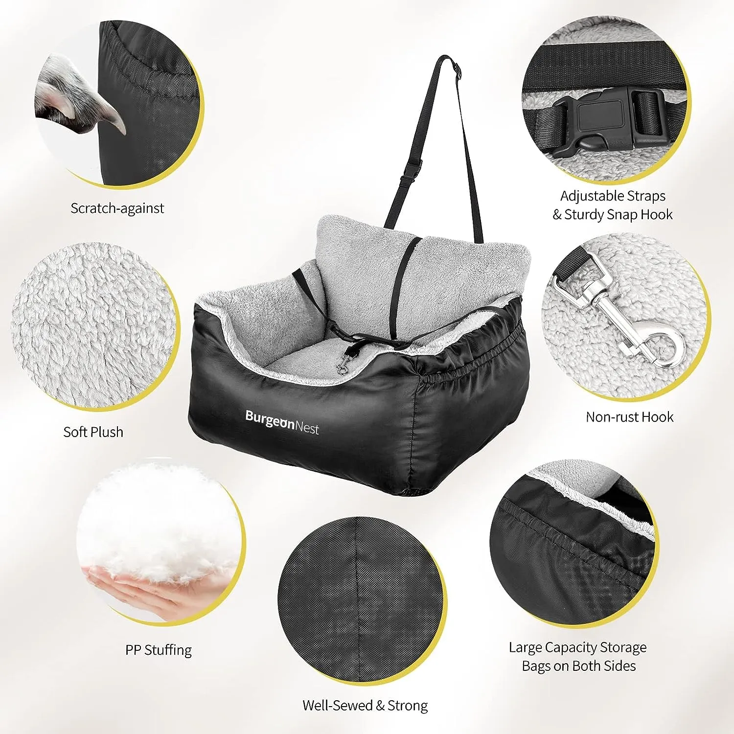 BurgeonNest Dog Car Seat for Small Dogs, Fully Detachable and Washable Cat Carseats Under 25 lbs, Soft Pet Booster Seats with Storage Pockets and Clip-On Leash Portable Car Travel Carrier Bed, Black