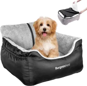 BurgeonNest Dog Car Seat for Small Dogs, Fully Detachable and Washable Cat Carseats Under 25 lbs, Soft Pet Booster Seats with Storage Pockets and Clip-On Leash Portable Car Travel Carrier Bed, Black