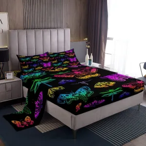Butterfly Bed Sheets Set, Trippy Ombre Death Moth Dragonfly Sheet Set for Kids Teens, Gradient Rainbow Butterflies Sheets Halloween Decor Bedding, Psychedelic Colorful Wildlife Top Sheet, Full 4Pcs
