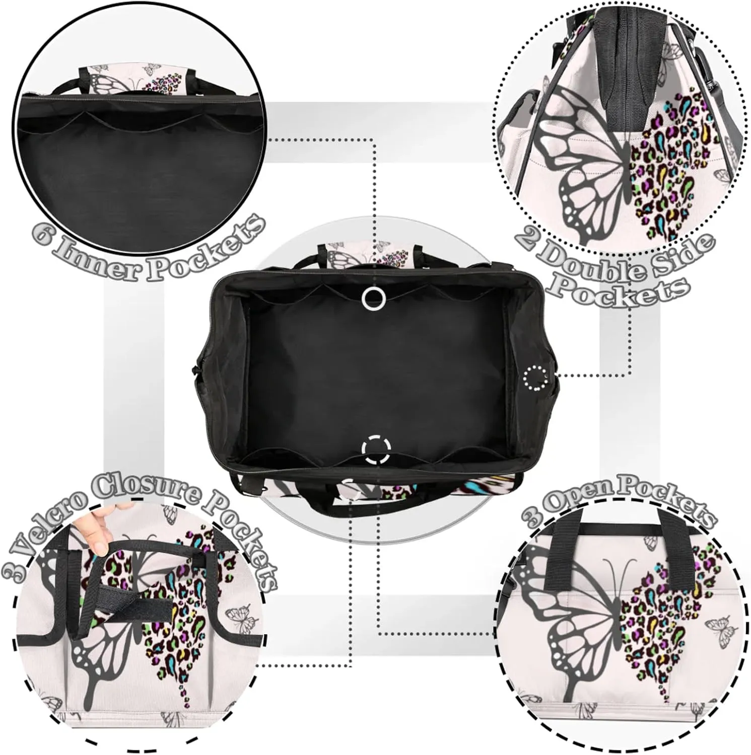 Butterfly Pattern Heavy Duty Tool Bags for Men and Women 14.8 Inch, Soft Wide Mouth Tool Tote Organizer Bag with Adjustable Shoulder Strap