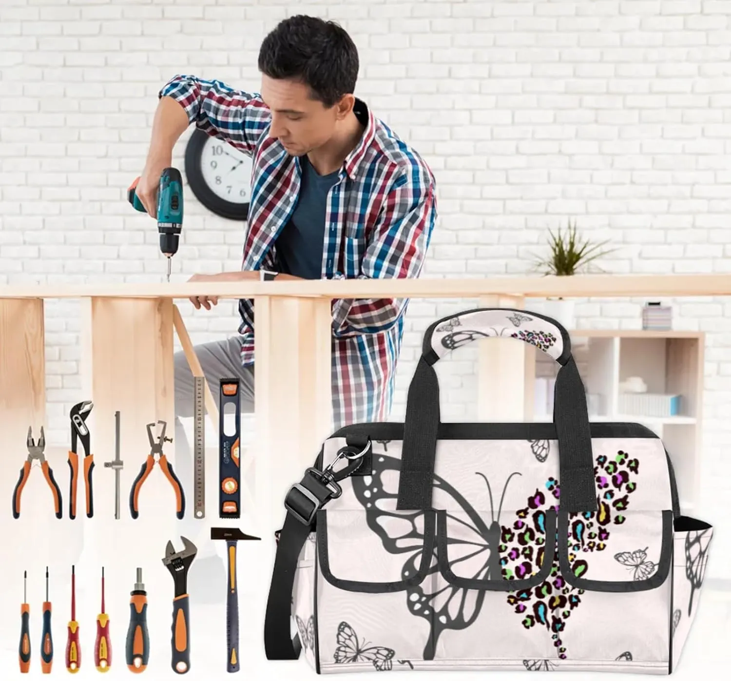 Butterfly Pattern Heavy Duty Tool Bags for Men and Women 14.8 Inch, Soft Wide Mouth Tool Tote Organizer Bag with Adjustable Shoulder Strap