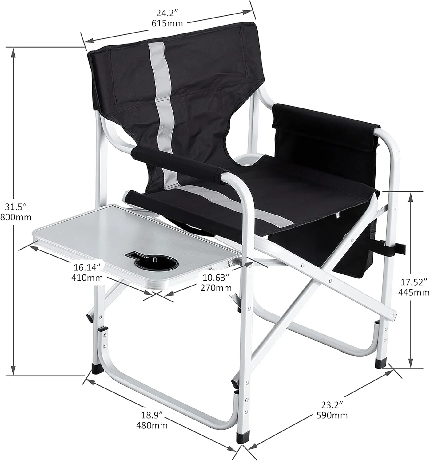 Camping Chair, 1-Piece Padded Folding Outdoor Chair with Side Table and Storage Pockets,Lightweight Oversized Directors Chair for Indoor, Outdoor Camping, Picnics and Fishing (1, Black   Gray)