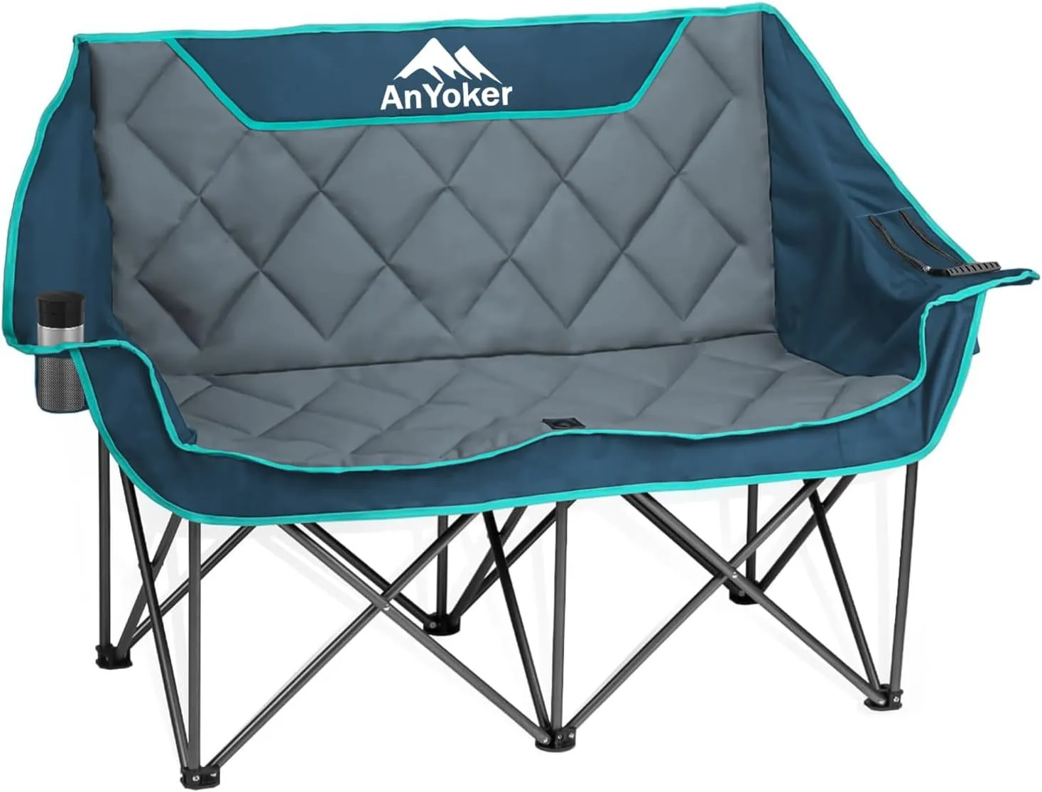 Camping Oversized Folding Chair, Fully Padded Loveseat for 2 Person Portable Double Seat Camp Beach Arm Chair with Cup Holder and Cooler Pouch Camping Couch with Carry Bag（Blue-Grey）
