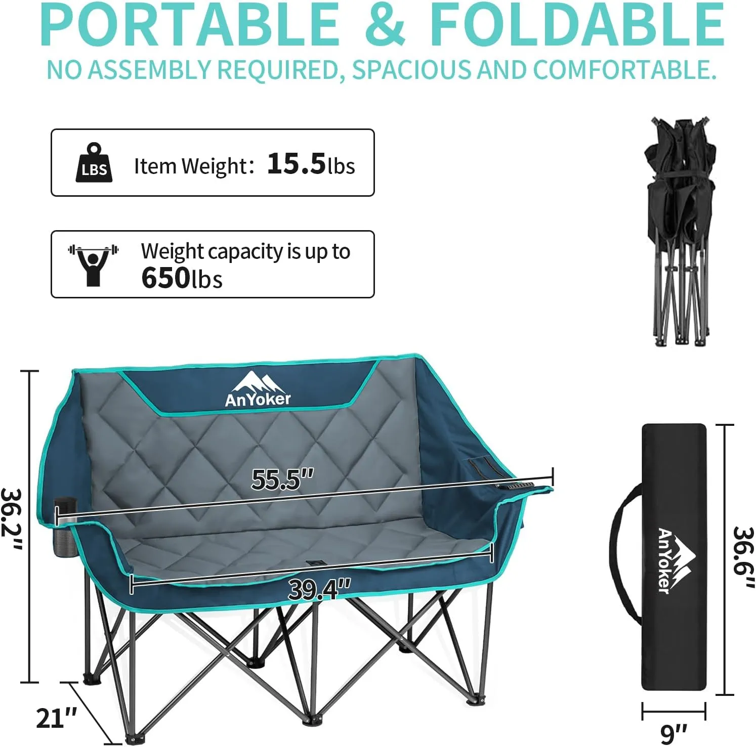 Camping Oversized Folding Chair, Fully Padded Loveseat for 2 Person Portable Double Seat Camp Beach Arm Chair with Cup Holder and Cooler Pouch Camping Couch with Carry Bag（Blue-Grey）
