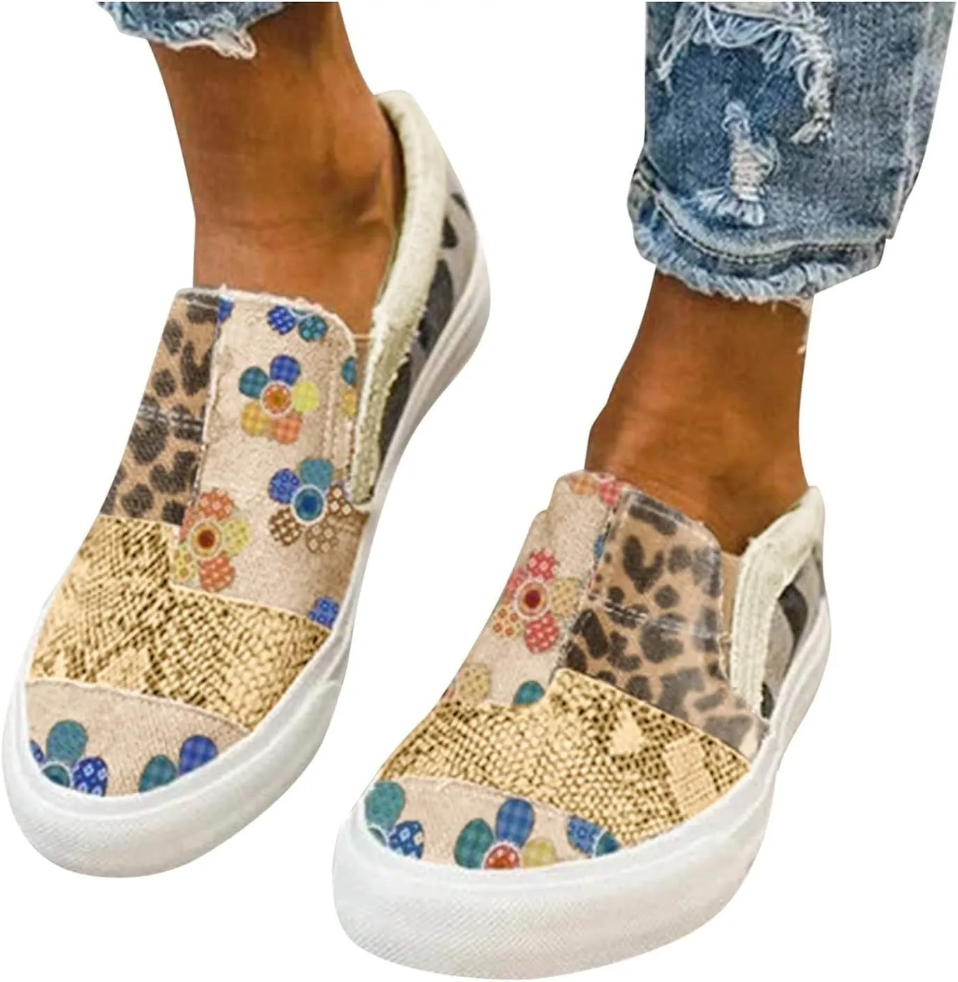 Canvas Shoes for Women Slip On Fashion Sneakers Low Top Casual Loafers Women's Slip On Shoe Canvas Sneakers Womens Tennis Shoes Flat Dress Work Shoe Stitching Printed Breathable Lightweight Walking