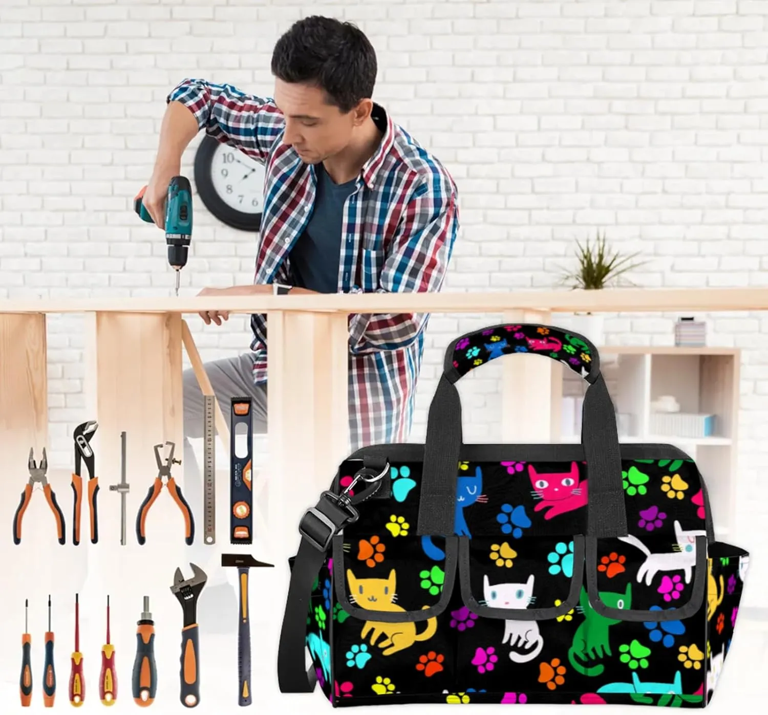 Cats Paw Heavy Duty Tool Bags for Men and Women 14.8 Inch, Soft Wide Mouth Tool Tote Organizer Bag with Adjustable Shoulder Strap