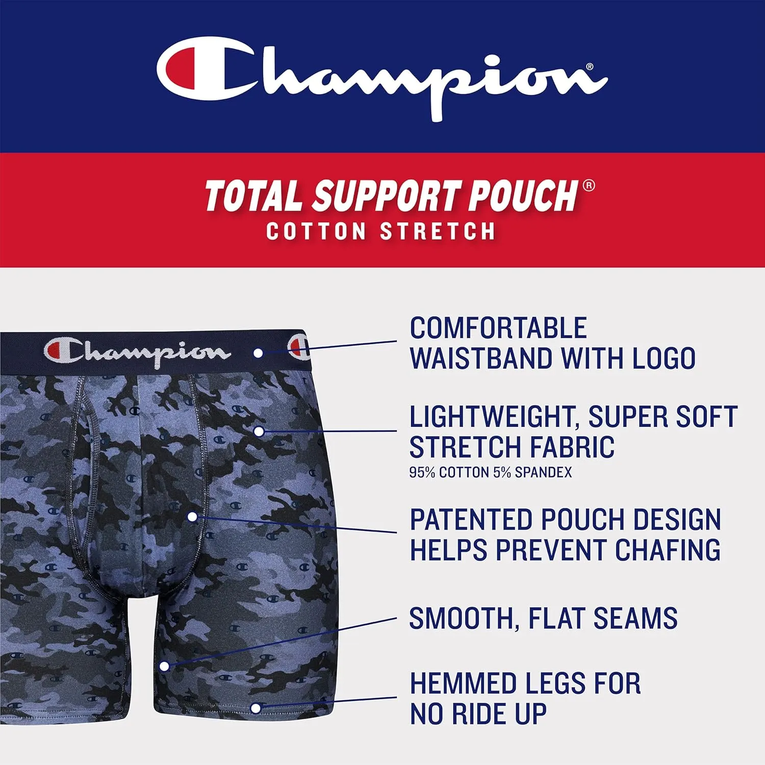 Champion Men's Underwear Boxer Briefs, Total Support Pouch, Cotton Stretch, 3-Pack