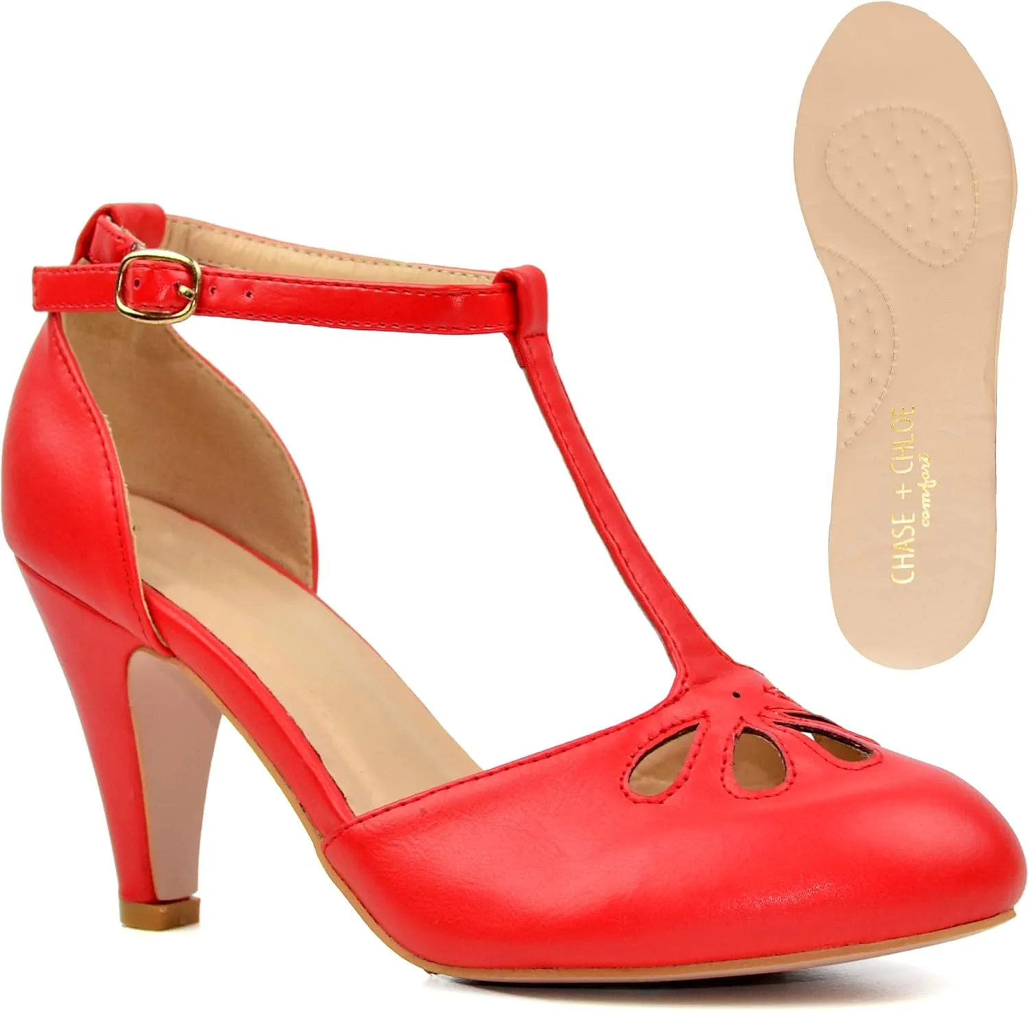 Chase & Chloe Women Mary Jane Oxford Pumps - Cute Low Kitten Heels - Retro Round Toe Shoe with Ankle Strap