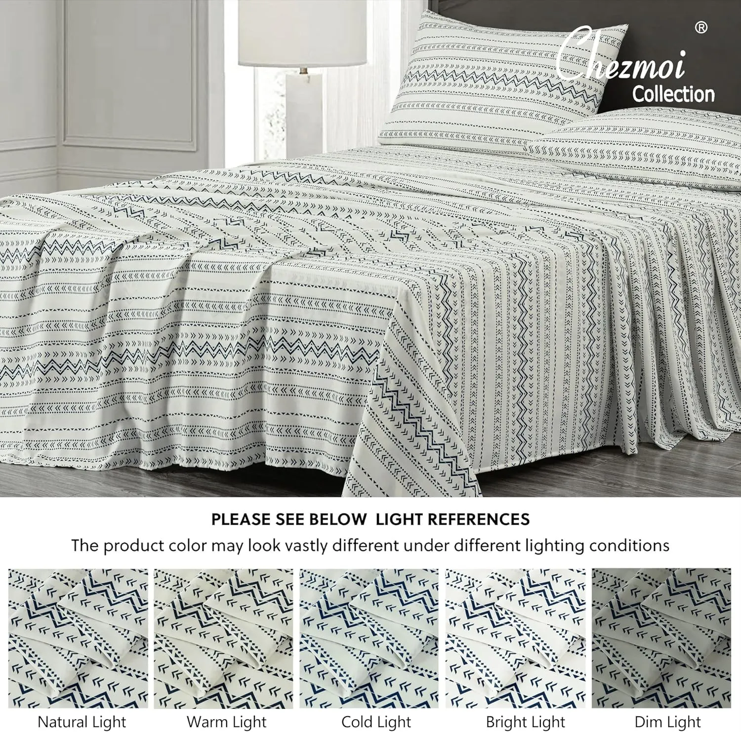 Chezmoi Collection 4-Piece Southwestern Tribal Lodge Bed Sheet Set, Queen Size - Ivory Navy Printed Microfiber Soft Breathable Deep Pocket Sheets and Pillowcases Set