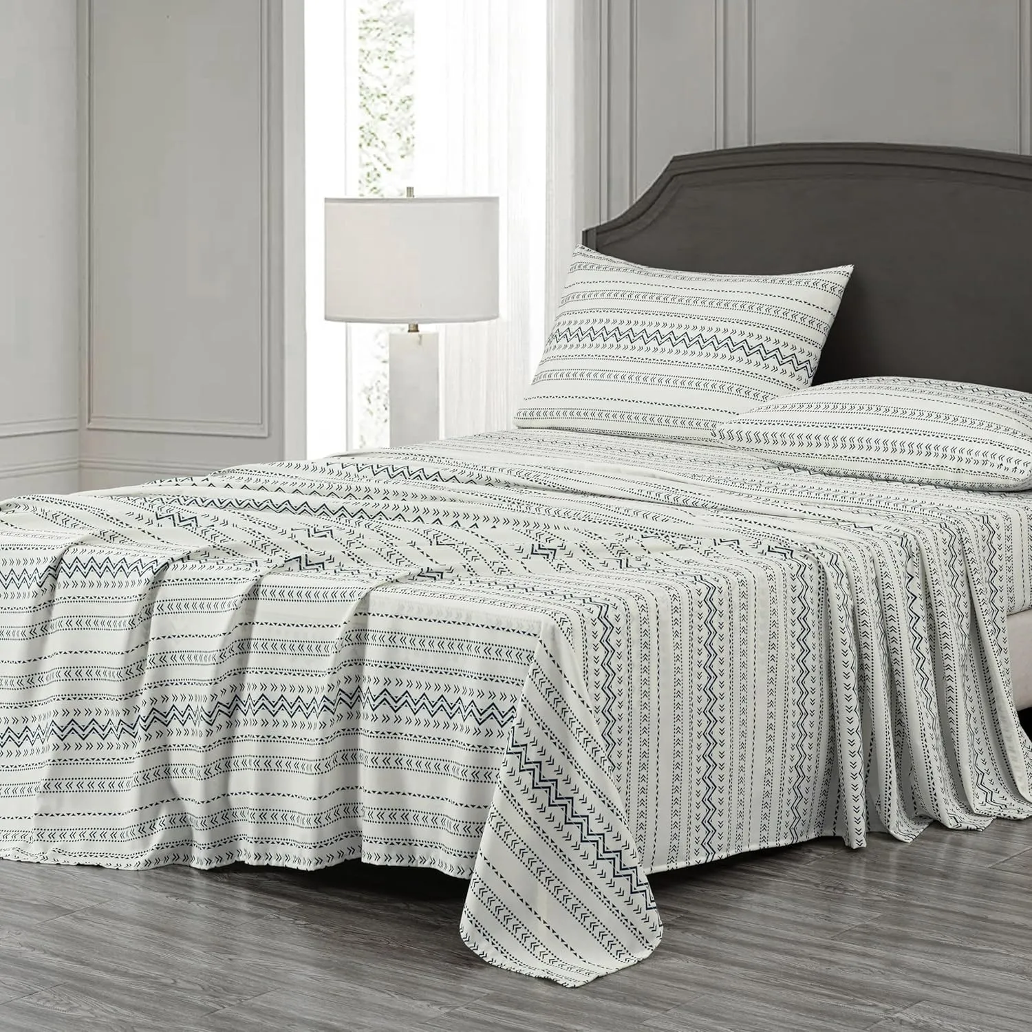Chezmoi Collection 4-Piece Southwestern Tribal Lodge Bed Sheet Set, Queen Size - Ivory Navy Printed Microfiber Soft Breathable Deep Pocket Sheets and Pillowcases Set