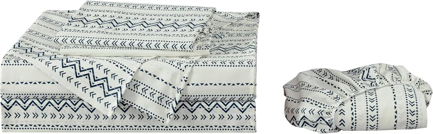 Chezmoi Collection 4-Piece Southwestern Tribal Lodge Bed Sheet Set, Queen Size - Ivory Navy Printed Microfiber Soft Breathable Deep Pocket Sheets and Pillowcases Set