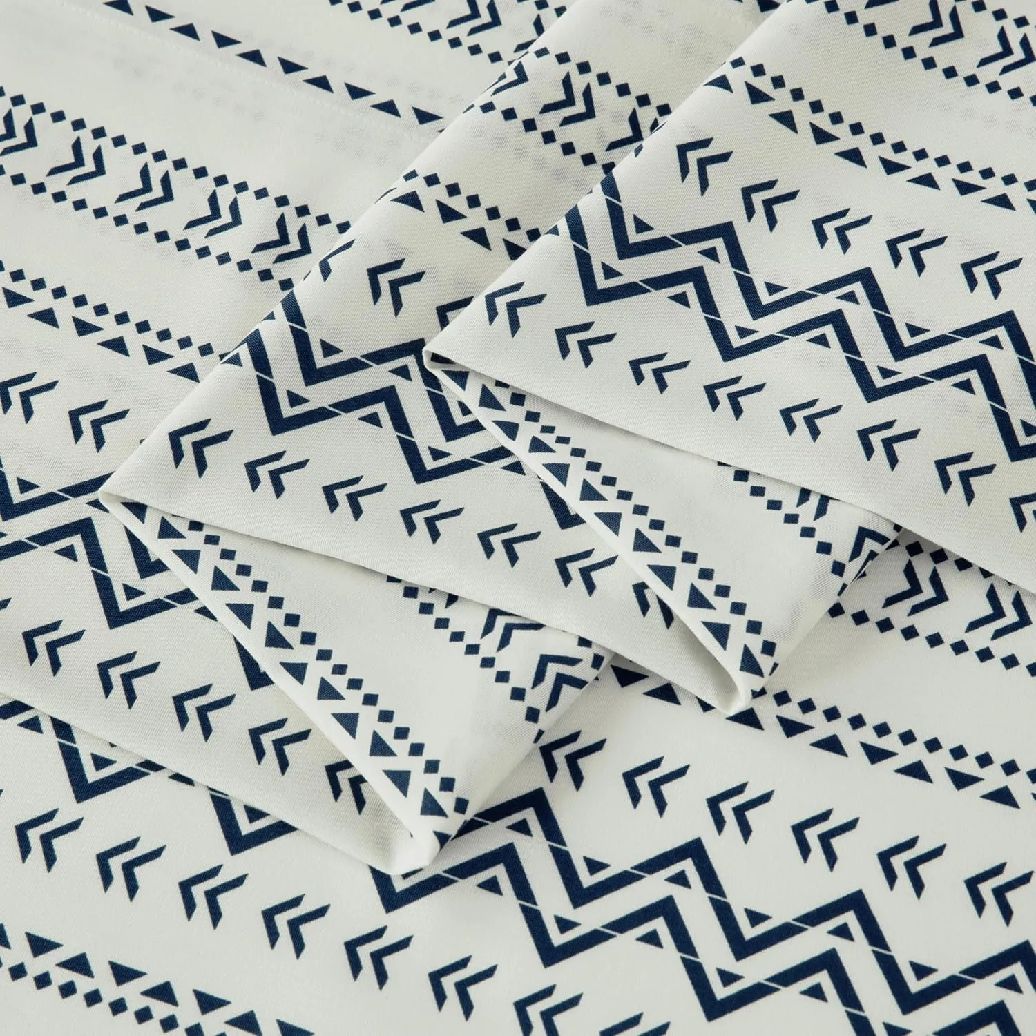 Chezmoi Collection 4-Piece Southwestern Tribal Lodge Bed Sheet Set, Queen Size - Ivory Navy Printed Microfiber Soft Breathable Deep Pocket Sheets and Pillowcases Set