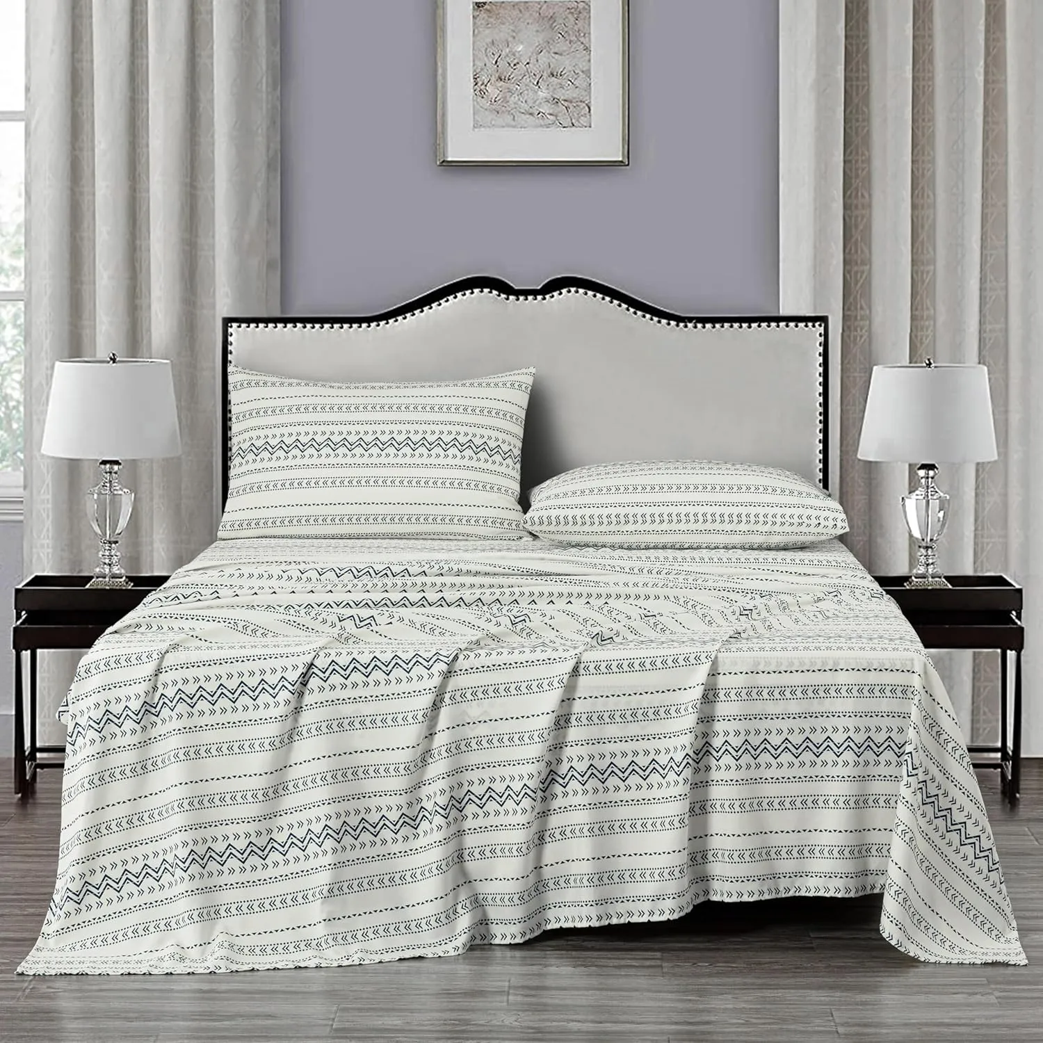 Chezmoi Collection 4-Piece Southwestern Tribal Lodge Bed Sheet Set, Queen Size - Ivory Navy Printed Microfiber Soft Breathable Deep Pocket Sheets and Pillowcases Set