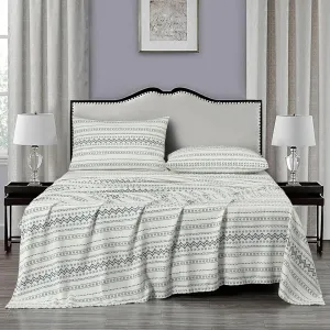 Chezmoi Collection 4-Piece Southwestern Tribal Lodge Bed Sheet Set, Queen Size - Ivory Navy Printed Microfiber Soft Breathable Deep Pocket Sheets and Pillowcases Set