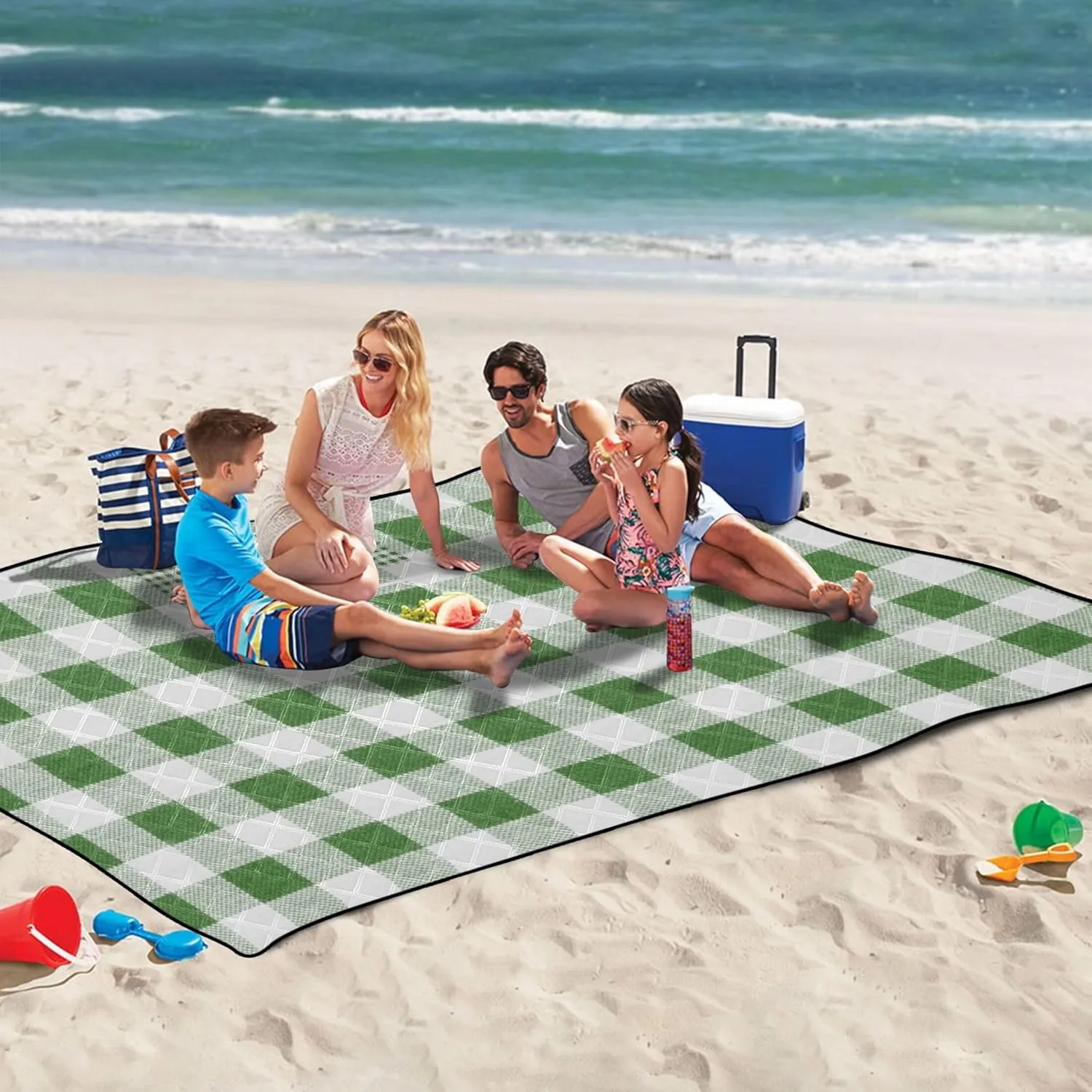 CHIFIGNO Retro Green and White Picnic Supplies Foldable Mat Sandproof Beach Blanket Waterproof Floral Outdoor Camping Mat 80" x 60"