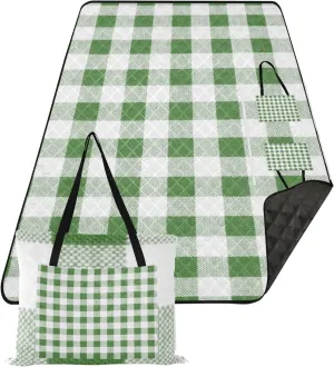 CHIFIGNO Retro Green and White Picnic Supplies Foldable Mat Sandproof Beach Blanket Waterproof Floral Outdoor Camping Mat 80" x 60"