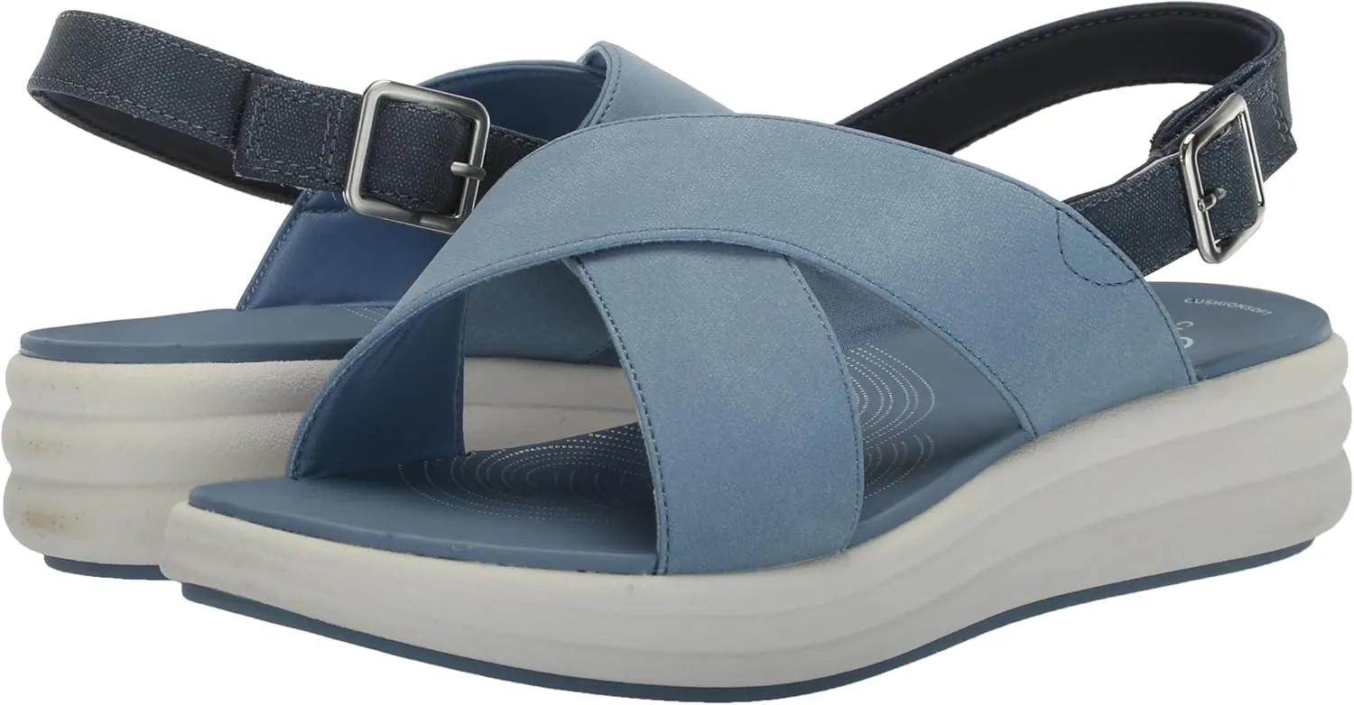 Clarks Women's Drift Sun Wedge Sandal, Denim Synthetic, 6