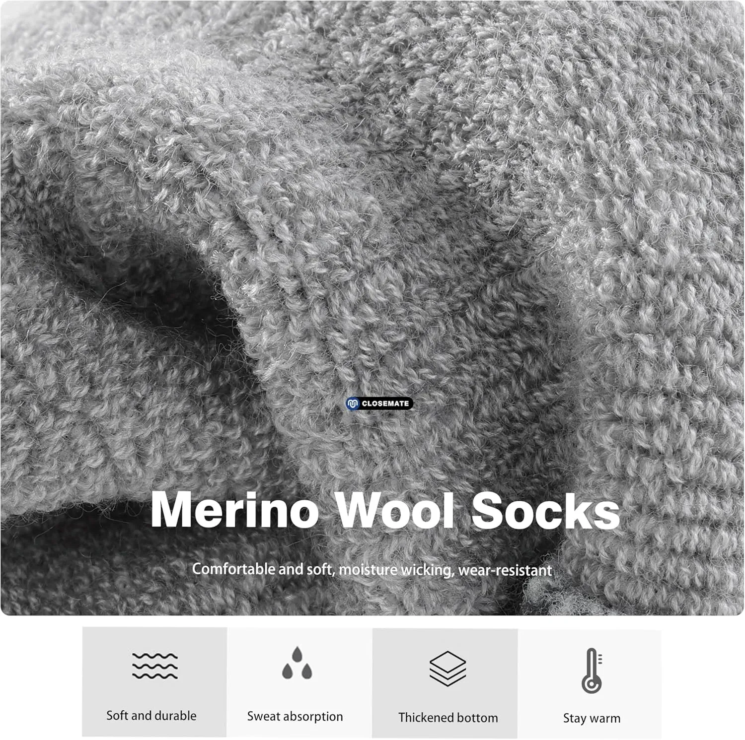 CLOSEMATE Mens Merino Wool Winter Thermal Crew Socks Cushioned Anti Blister Moisture Wicking for Hiking Sports 3 Pairs