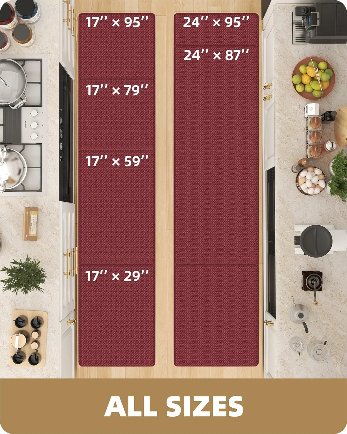 Color&Geometry Kitchen Rug Set 2 Piece Kitchen Runner Rug Kitchen Floor Mat, Cushioned Anti Fatigue Non Skid Waterproof Comfort Standing Kitchen Mat, 17"x29" 17"x59", Red