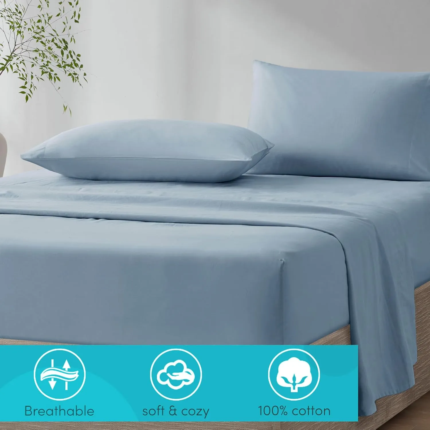 Comfort Spaces 100% Cotton Sheet Set Breathable, Lightweight, Soft with 14" Elastic Pocket Fits up to 16" Mattress, All Season Cozy Bedding, Matching Pillow Case, King Blue 4 Piece