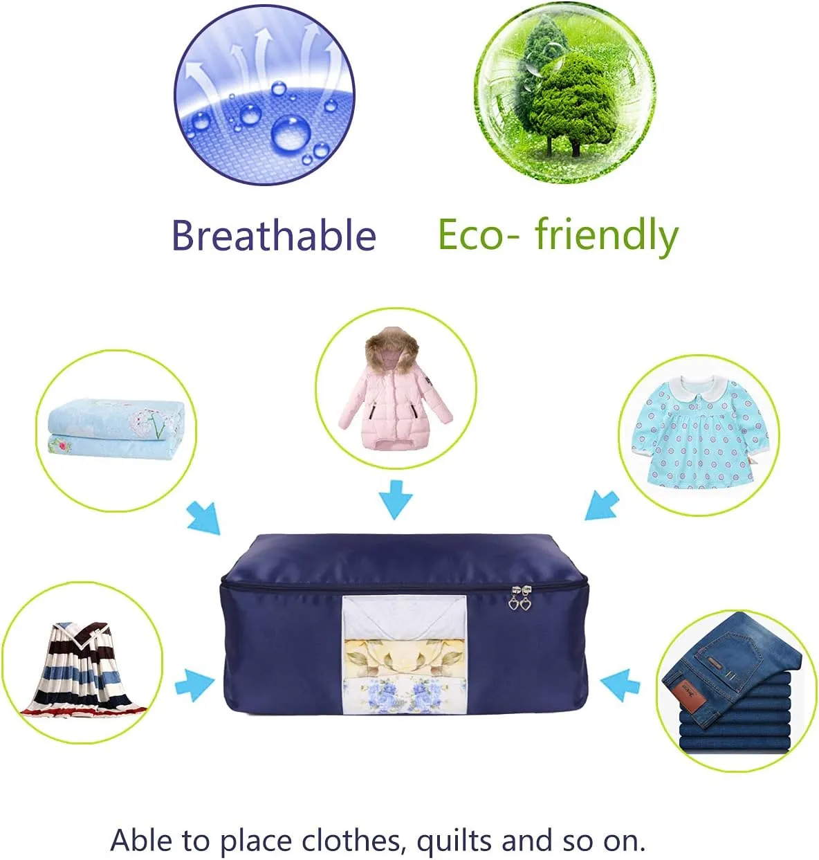 Comforter Storage Bags Pack of 2,Pillow Beddings/Blanket Clothes Organizer Storage Containers with Zippers,Breathable and Moistureproof(Navy blue 2pcs, XXL)