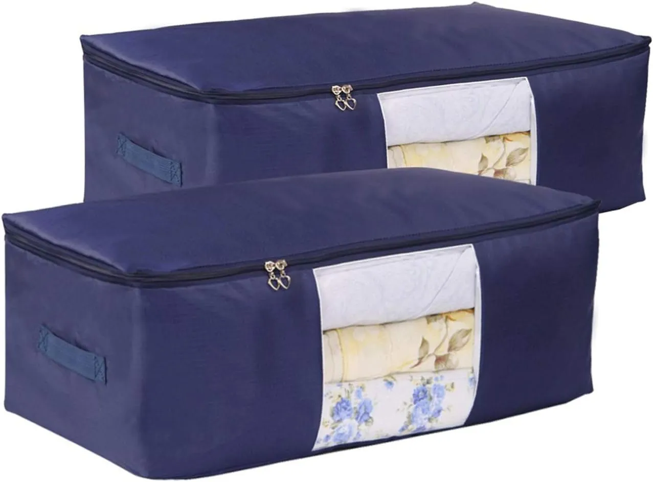 Comforter Storage Bags Pack of 2,Pillow Beddings/Blanket Clothes Organizer Storage Containers with Zippers,Breathable and Moistureproof(Navy blue 2pcs, XXL)