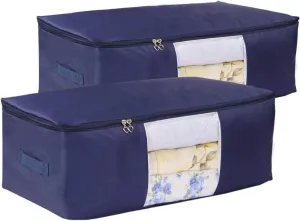 Comforter Storage Bags Pack of 2,Pillow Beddings/Blanket Clothes Organizer Storage Containers with Zippers,Breathable and Moistureproof(Navy blue 2pcs, XXL)