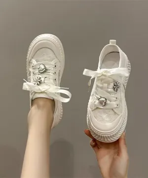 Comfy Beige Breathable Mesh Flat Feet Shoes Splicing Lace Up