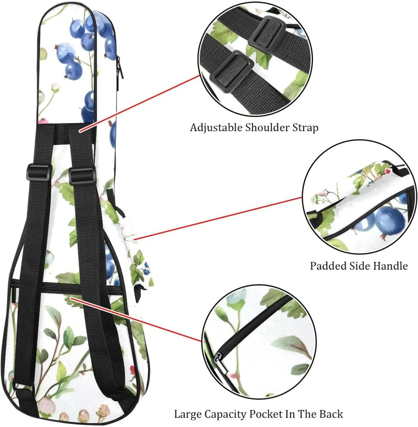 Concert Ukulele Case Sprigs of Plants and Wild Berries Soft Thick Padded Ukulele Backpack 10MM thick Sponge Padding