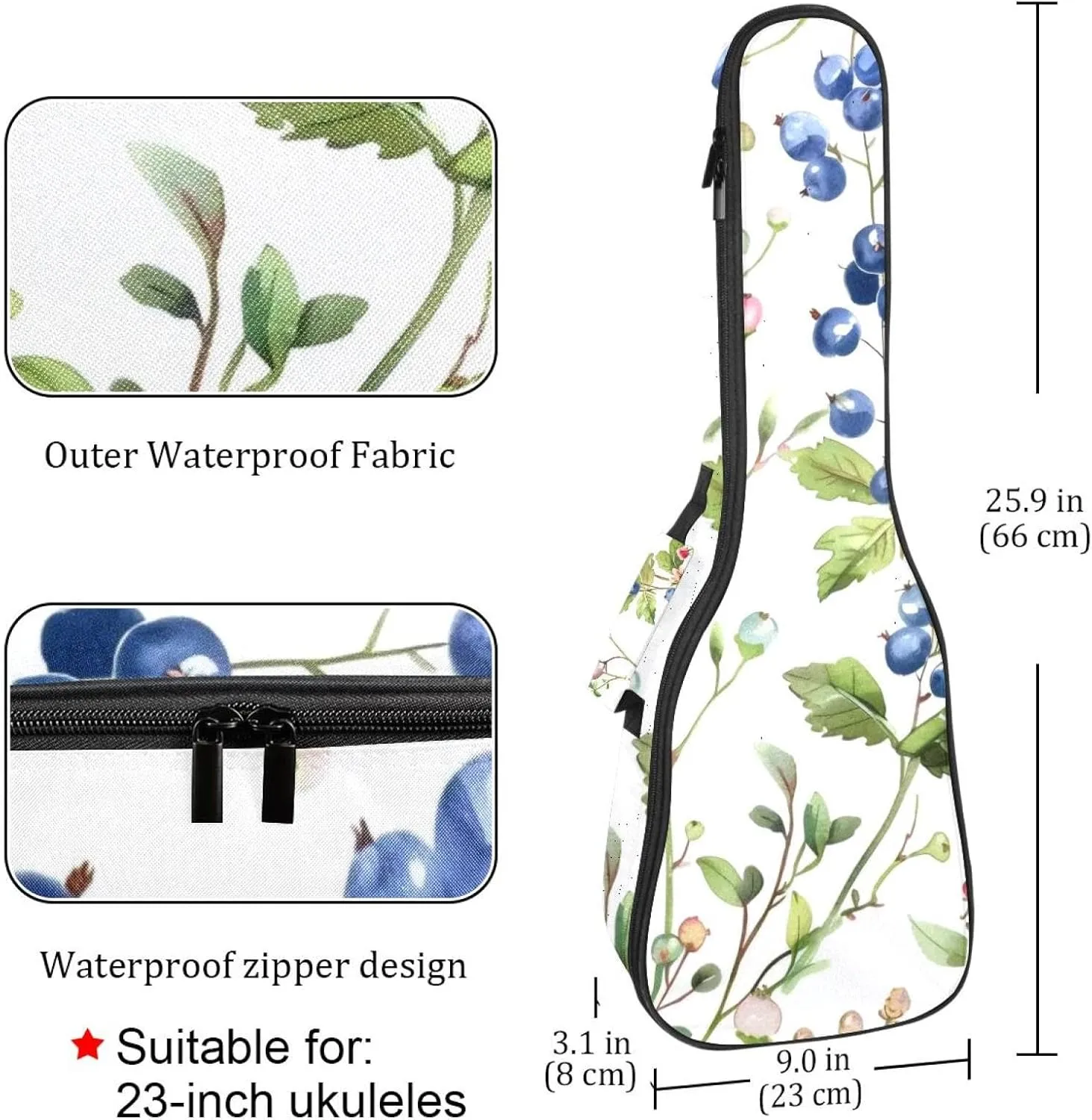 Concert Ukulele Case Sprigs of Plants and Wild Berries Soft Thick Padded Ukulele Backpack 10MM thick Sponge Padding