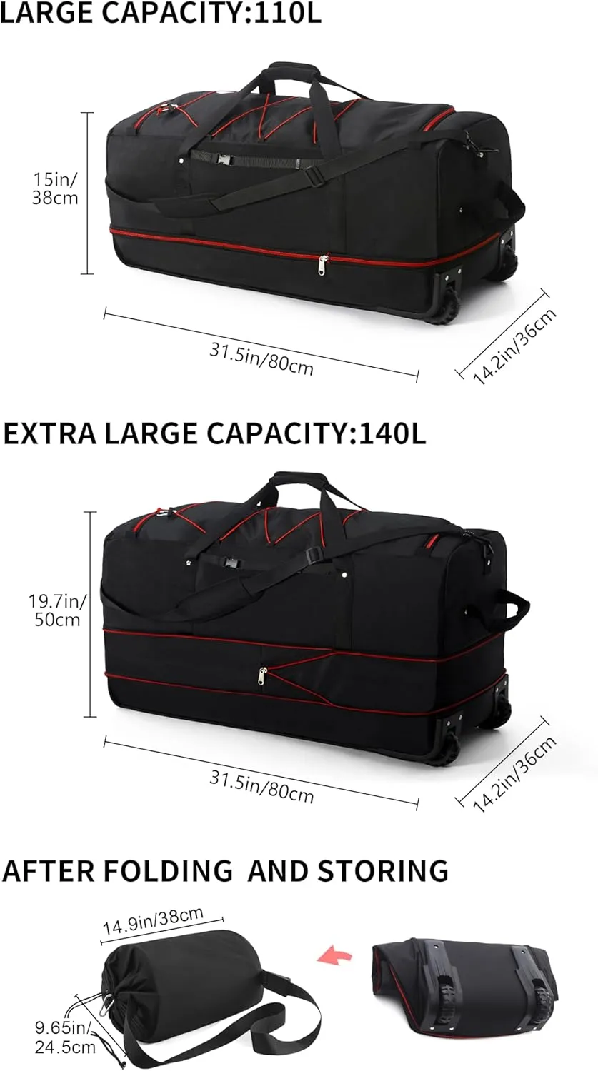 CONTAIL 32” Soft-side 110L Expandable 140L Rolling Duffle Bag with 2 Inline Wheels,Convertible Weekend Travel Bag with Bungee-Cord System,Black-red