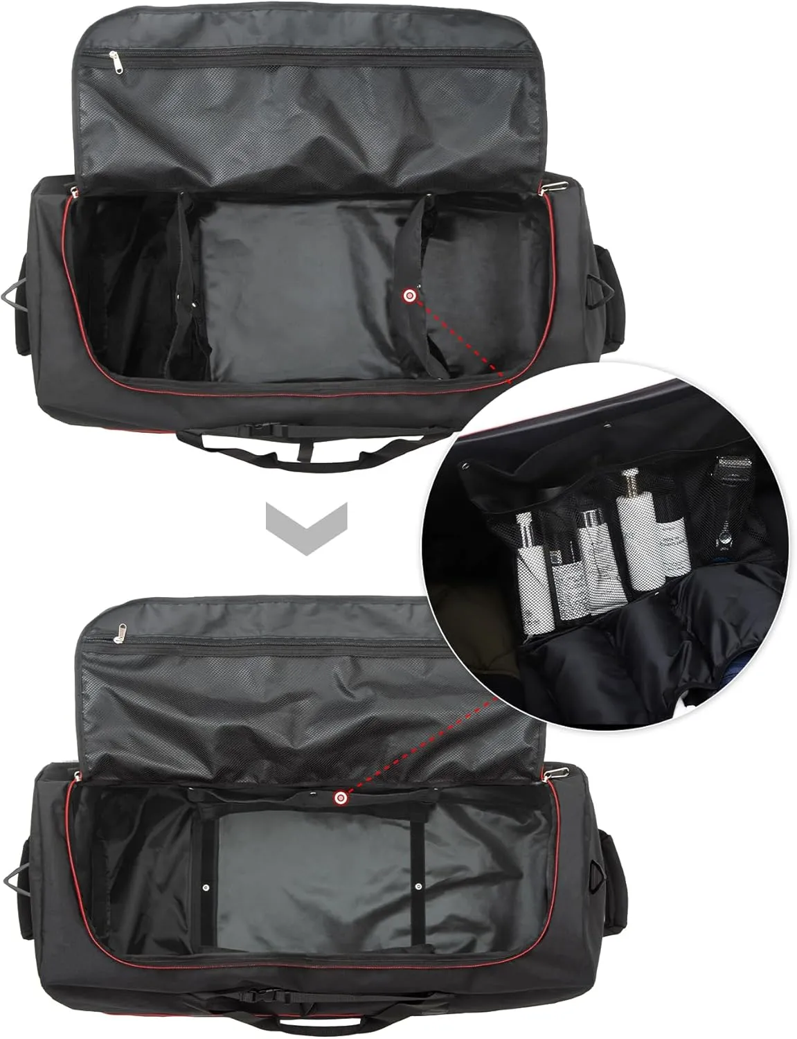 CONTAIL 32” Soft-side 110L Expandable 140L Rolling Duffle Bag with 2 Inline Wheels,Convertible Weekend Travel Bag with Bungee-Cord System,Black-red