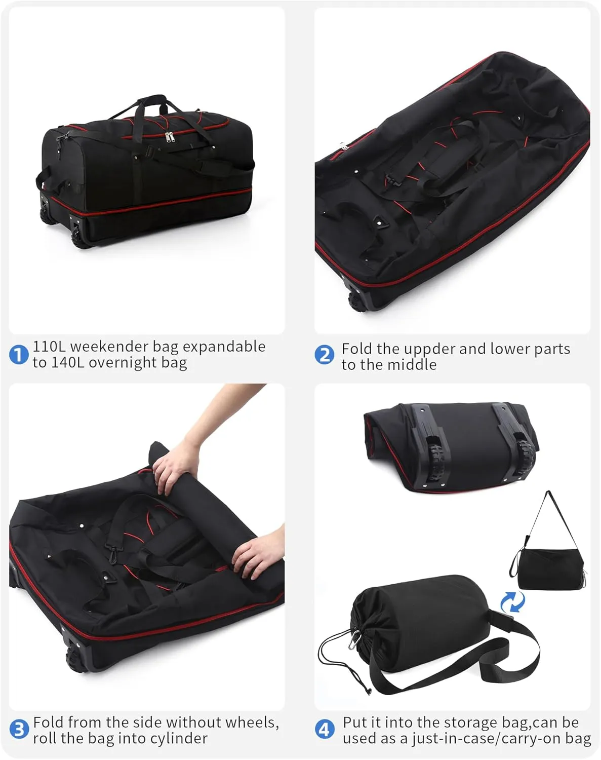 CONTAIL 32” Soft-side 110L Expandable 140L Rolling Duffle Bag with 2 Inline Wheels,Convertible Weekend Travel Bag with Bungee-Cord System,Black-red