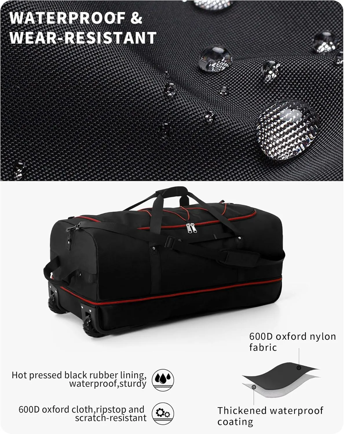 CONTAIL 32” Soft-side 110L Expandable 140L Rolling Duffle Bag with 2 Inline Wheels,Convertible Weekend Travel Bag with Bungee-Cord System,Black-red