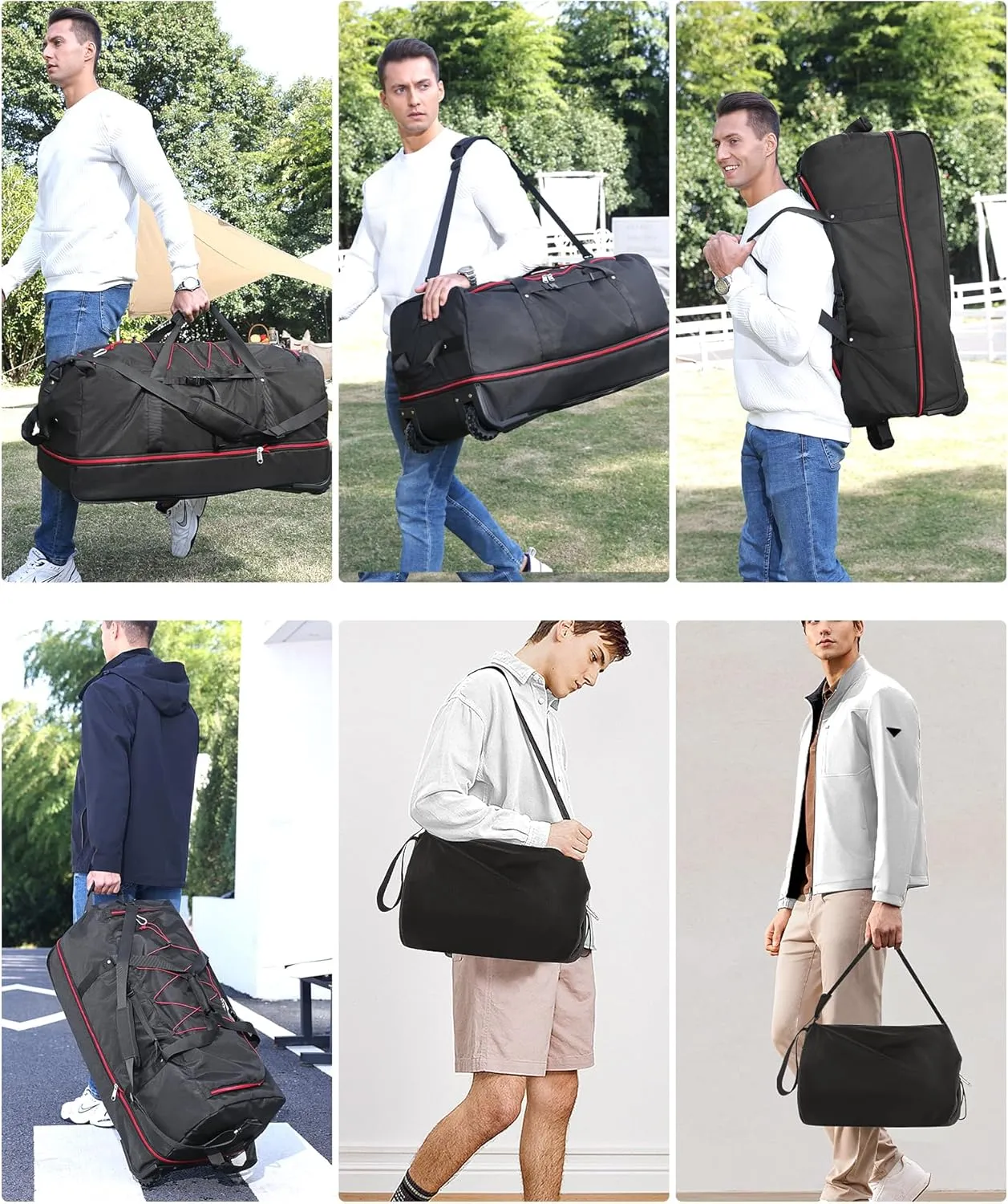 CONTAIL 32” Soft-side 110L Expandable 140L Rolling Duffle Bag with 2 Inline Wheels,Convertible Weekend Travel Bag with Bungee-Cord System,Black-red