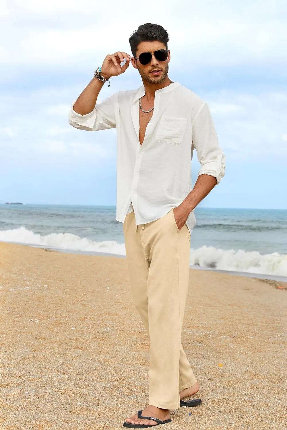 COOFANDY Men's Casual Linen Pants Elastic Waist Drawstring Yoga Beach Pants Lightweight Loose Fit Trousers with Pockets