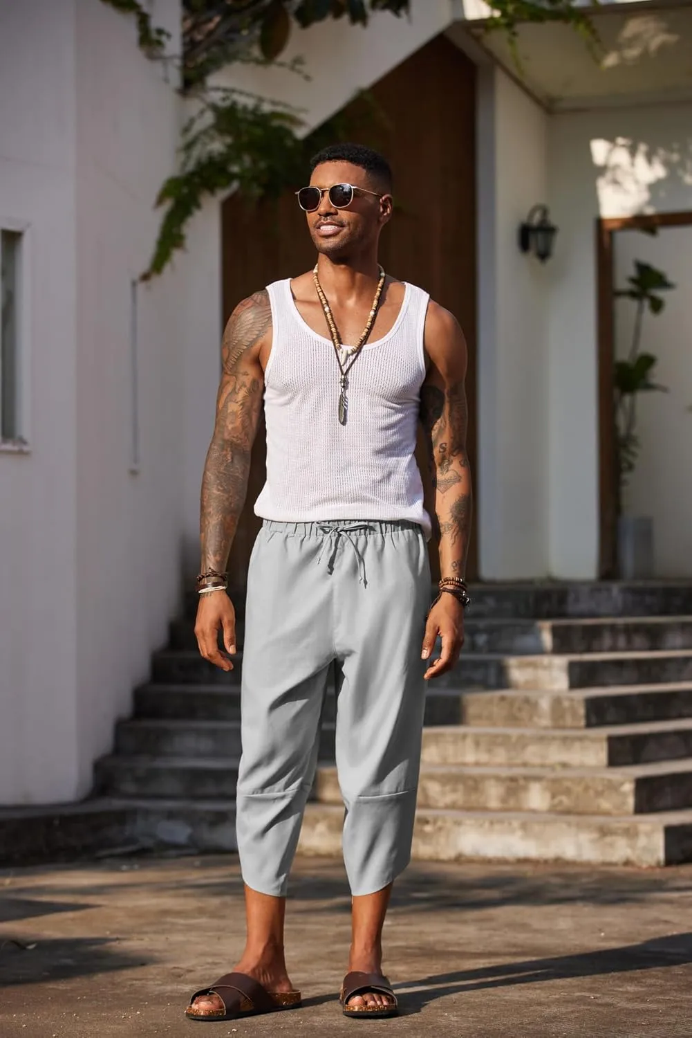 COOFANDY Men's Linen Harem Capri Pants Lightweight Loose 3/4 Shorts Drawstring Elastic Waist Casual Beach Boho Yoga Trousers