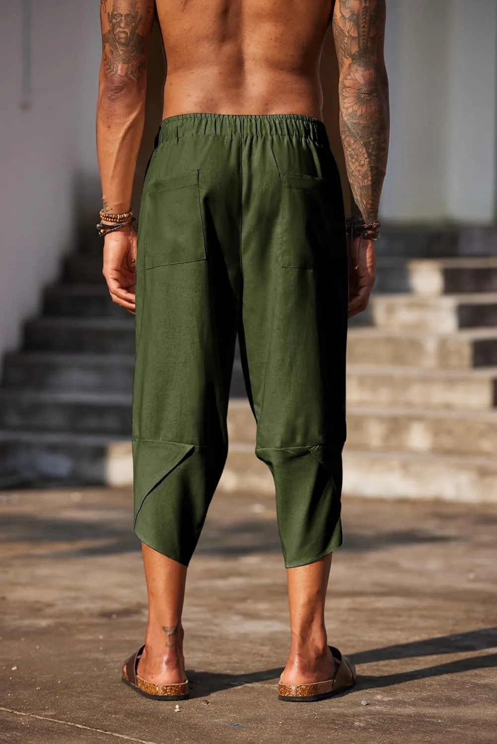 COOFANDY Men's Linen Harem Capri Pants Lightweight Loose 3/4 Shorts Drawstring Elastic Waist Casual Beach Boho Yoga Trousers