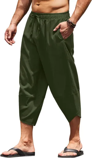 COOFANDY Men's Linen Harem Capri Pants Lightweight Loose 3/4 Shorts Drawstring Elastic Waist Casual Beach Boho Yoga Trousers
